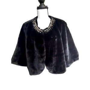 Haani Black Fur Jacket Elegant 100% Polyester with jeweled neck line ***